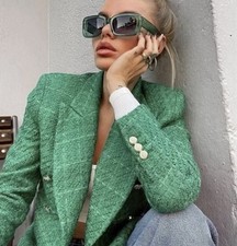 ZARA WOMAN TEXTURED DOUBLE BREASTED BLAZER GREEN Size L NO RETURNS