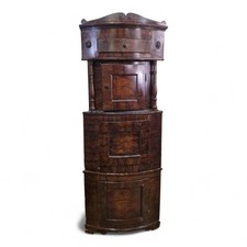 Antique tall rustic Danish scumble painted corner cupboard / bow front cabinet