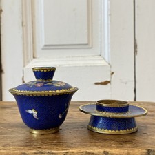 Vintage Cloisonné Enamel Gaiwan Brass Tea Set Bowl Saucer Lid