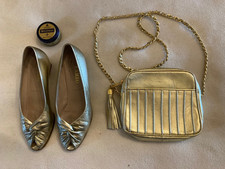 Vintage Ladies Bally Gold Shoes 38 (5.5) & Dollargrand Gold Leather Evening Bag