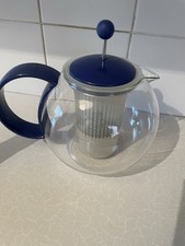 Vintage 80s Blue Bodum Assam Glass Tea Pot Loose Tea Press Infuser 