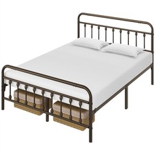 5ft King Vintage Iron Platform Bed with High Headboard & Footboard & Storage 
