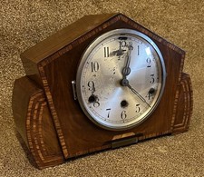 Vintage Mantle Clock With Westminster Chime, Art Deco Wooden Inlaid Case