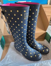 Joules Women Tall Wellies With Adjustable Back Gusset- Navy Ladybird- Adult 8  