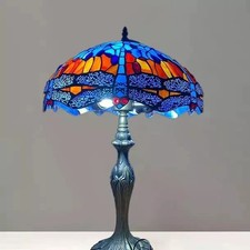 Tiffany style Blue Dragonfly Table lamp 16 inch Handcrafted Stained Glass Shade