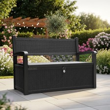 Garden Storage Bench 265L Plastic Outdoor Seat Box Container Chest Rattan Effect