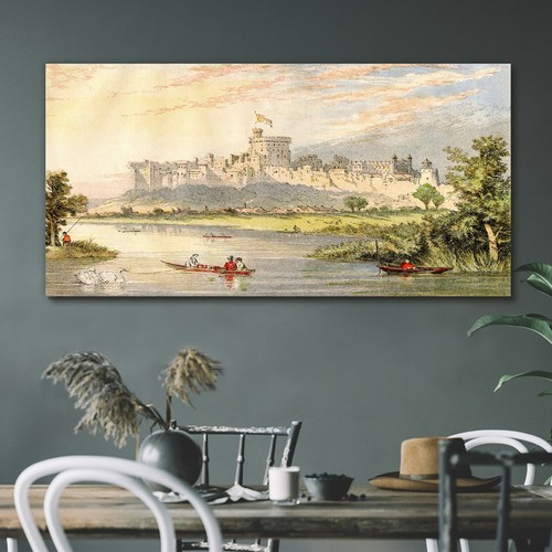Painting castle river - river, boats