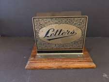 VINTAGE WOOD & BRASS COLOURED FREE STANDING DESK TOP ORGANISER LETTER RACK