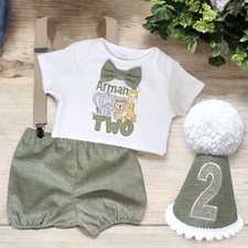 Safari Birthday Outfit Handmade Sage Green Bloomer Shorts Cake Smash Set