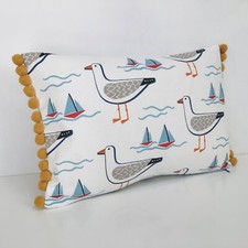 seagull Cushion Covers Blue Stripe Coastal Beach Nautical Fabric with Pom Pom