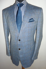 SKOPES Blue Tweed Jacket Blazer Herringbone Check Wool Linen Sport Coat Mens 48R
