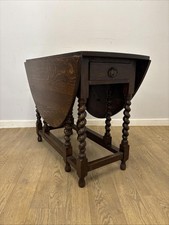 Antique Oak Gateleg Drop-Leaf Dining Table with Barley Twist Legs & Drawer