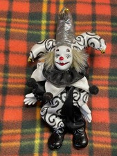 Xmas Joy- Vintage Adorable Porcelain Clown Doll with posable arms and legs-used