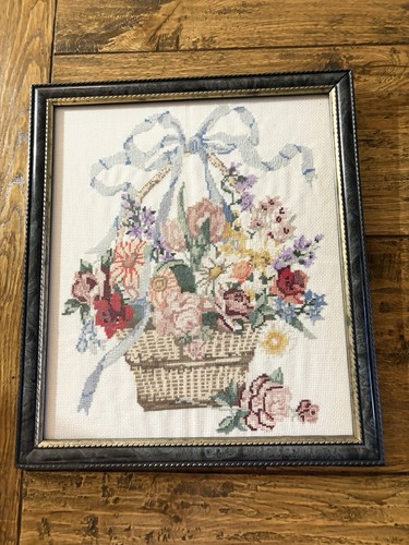 Completed framed cross stitch - cross,