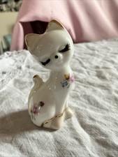 Vintage Porcelain Sweety Cat Animal Figurine Hand Painted Flowers Gold Paint 7cm