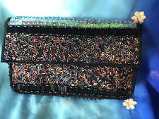 Unusual Black Beaded Sequin Clutch Bag Iridescent Beads & Sequins
