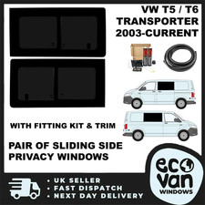 VW T5-T6.1 Transporter Pair of Sliding Side Privacy Windows 03-Cur & Fit Kit