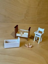 Vintage Lundby Dolls House High chair Cot Cradle And Baby