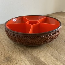 Vintage Emsa Snack Serving Bowl Faux Wood Orange Plastic Sections W German 1960s
