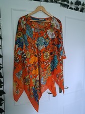 Jayley Orange Floral Poncho Wrap – 70% Acrylic 15% Cashmere 15% Silk – Boho Luxe