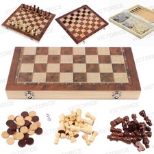 39*39cm XL Folding Wooden Chess Set Board 3-in-1 Checkers Games for Adults Gift