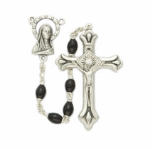 POLISHED BLACK GLASS BEADS AND MADONNA ROSARY CRUCIFIX CROSS CENTER NECKLACE
