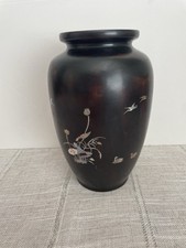 Mother-In-Pearl Inlay Vase with Flowers Vietnamese Wooden Lacquer Abalone Vtg
