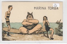 GLAMOUR /SEASIDE  Woman & Man in bathing costumes /another person -broken Bench 