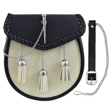 Leather Sporran Pin Drop Sporran 3 Tassels White Calf Skin Semi Dress Sporran
