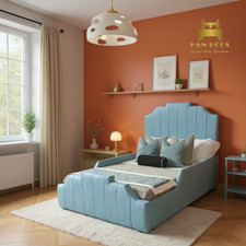 Art Deco Crown Panel Kids Bed Frame Plush Velvet Upholstered Gas Lift Storage UK