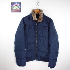 Tommy Hilfiger Navy Padded Bomber Jacket Mens Medium Detachable Faux Fur Collar