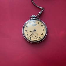 Sekonda USSR Pocket Watch 18 Jewels Silver with Chain Manual Wind Working VGC