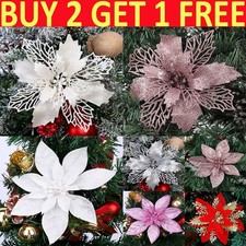 10X Christmas Poinsettia Glitter Flower For Tree Decor Hanging Party Xmas UK.
