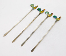 Set of Four Sterling Silver Enamel Chicken Cocktail Sticks Antique c1920