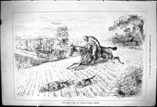 Original Old Antique Print 1875 Fox Hunting Horses Hounds Dogs Huntsmen Sport