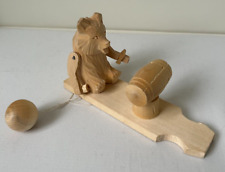 VINTAGE USSR SOVIET RUSSIAN HAND CARVED WOODEN PULL STRING PADDLE TOY WITH BEAR