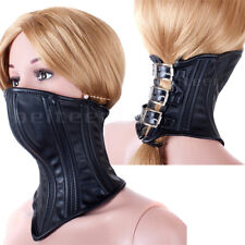 PU Leather Slave Neck Collar Posture Stretching Half Face Mask Bondage Hood BDSM
