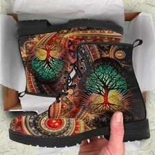 Ladies Hand Crafted Tree of Life Vegan Leather Mandala Lace Up Boots
