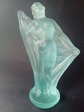 Rare Art Deco Rosice aqua blue frosted glass flower frog lady