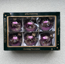 6 Kerstglas Hand Decorated Vintage Large Purple & Gold Xmas Glass Baubles 80mm