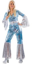 70s Waterloo Blue + Microphone Ladies Fancy Dress 1970s Dancing Queen Costume