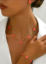 Clover Jewellery Set Necklace Bracelet Earings Stainless Steel Various Colours