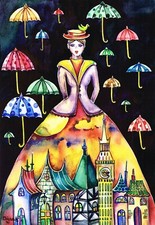 MARY POPPINS, Flying Umbrellas, Original Watercolour Painting, by Diana A.W. 