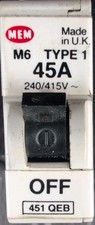 MEM 451QB 45 AMP M6 TYPE B  MCB SINGLE POLE CIRCUIT BREAKER 