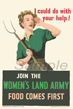 VINTAGE JOIN THE WOMENS LAND ARMY WAR POSTER A4 PRINT