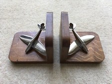 CWW2 VINTAGE PAIR OF CHROME PLATED SPITFIRE AIRCRAFT&WOODEN BOOKENDS