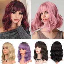 Curly Wig Lady Role Play Colorful Natural Bob with Bangs Short Wavy Hair Party