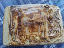 Vintage Pottery Butter Dish With Lid & Cow Design
