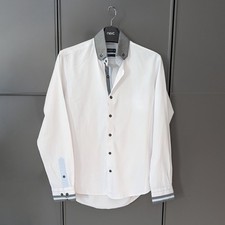 Makrom London Mens Slim Fit White Shirt Long Sleeve Size M Black Details VGC