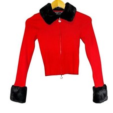 Hello Kitty & Friends Faux Fur-Trim Zip Up Sweater Size Small Red Holiday Y2K